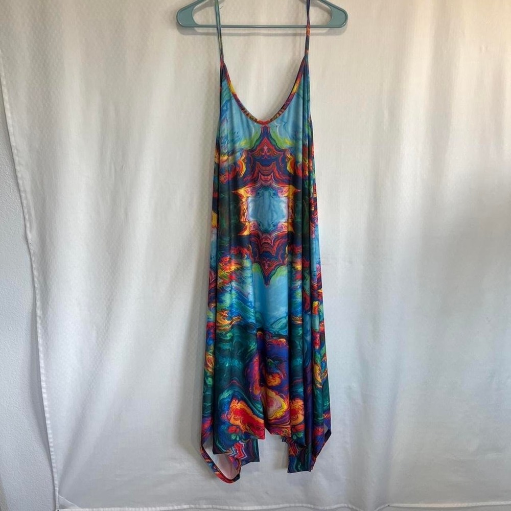 Multi-coloured silk slip dress with a boho vibe